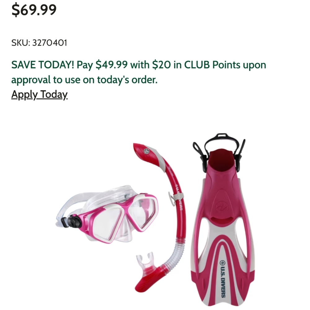 US Divers women's snorkel set. Brand new never used. Mask, fins, snorkel in pink